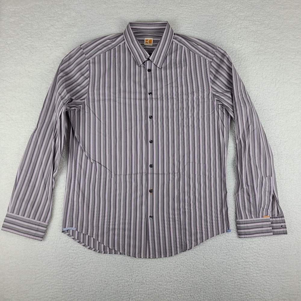 Hugo Boss Shirt Mens XL‎ Purple Gray Striped Boss Orange Dress Button Up